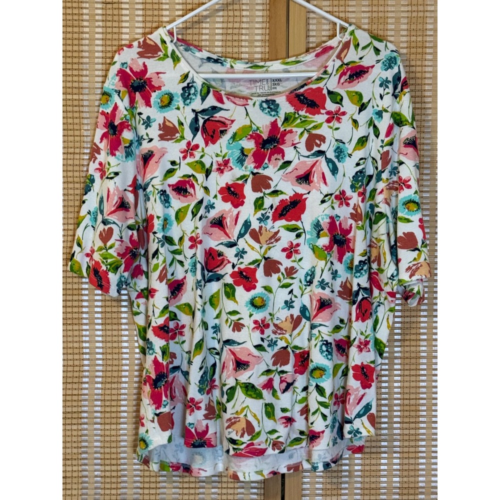 Time and Tru Womens XXXL 3XG Multi Floral Short Sleeve Cotton Top Cottagecore‎